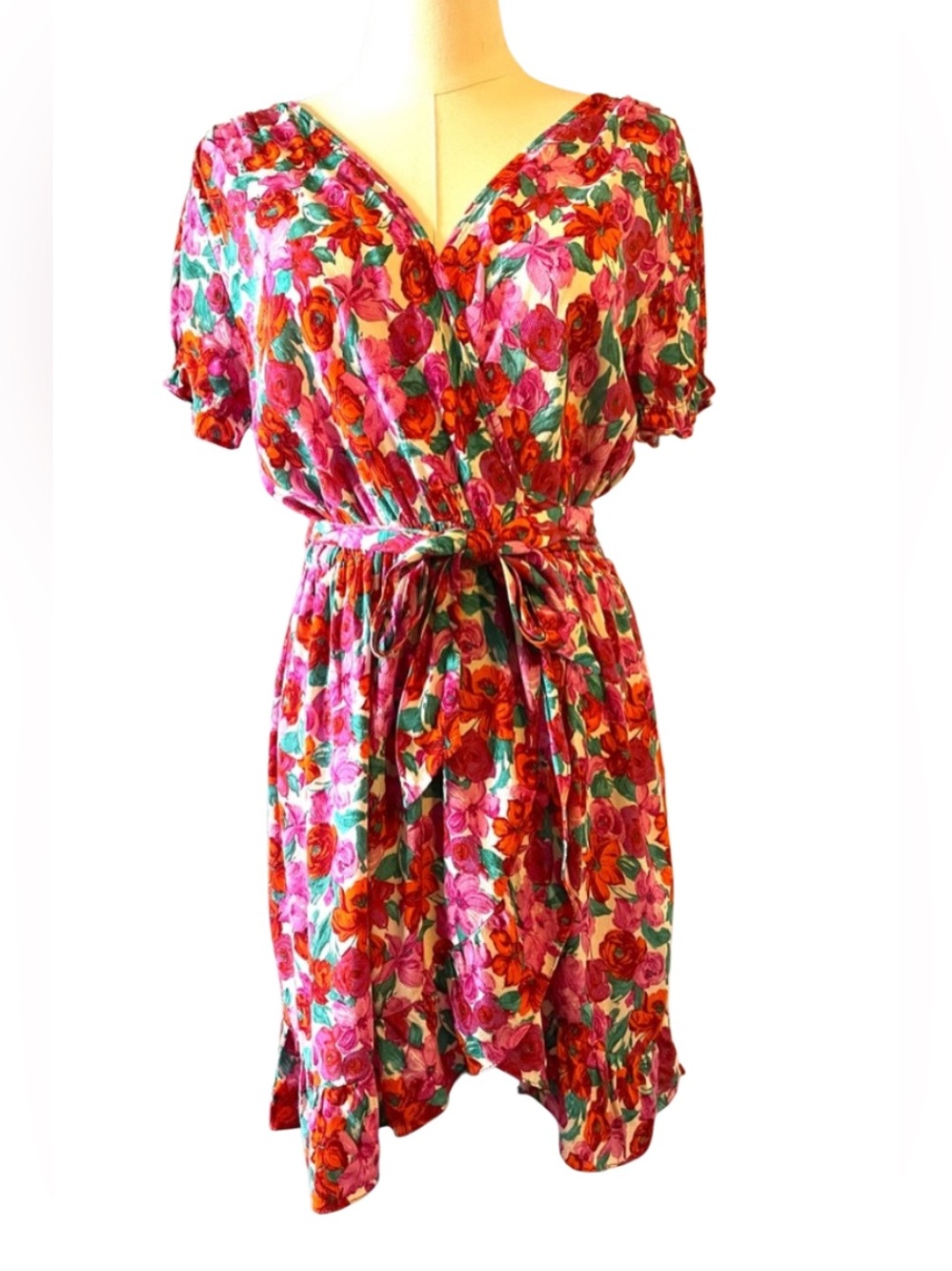ZARA FLORAL PRINT WRAP DRESS SIZE SMALL WHITE RED PINK MINI SUNDRESS CHERRY GIRL